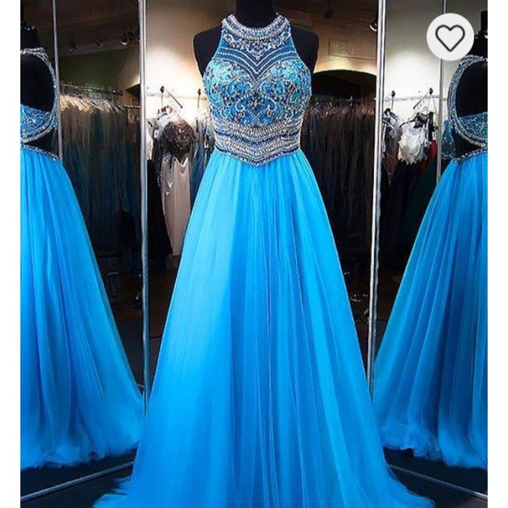 Malibu blue, full-length, beaded top prom dress.